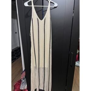Med - A New Day Cream/Black Striped Open Work Maxi Sundress
